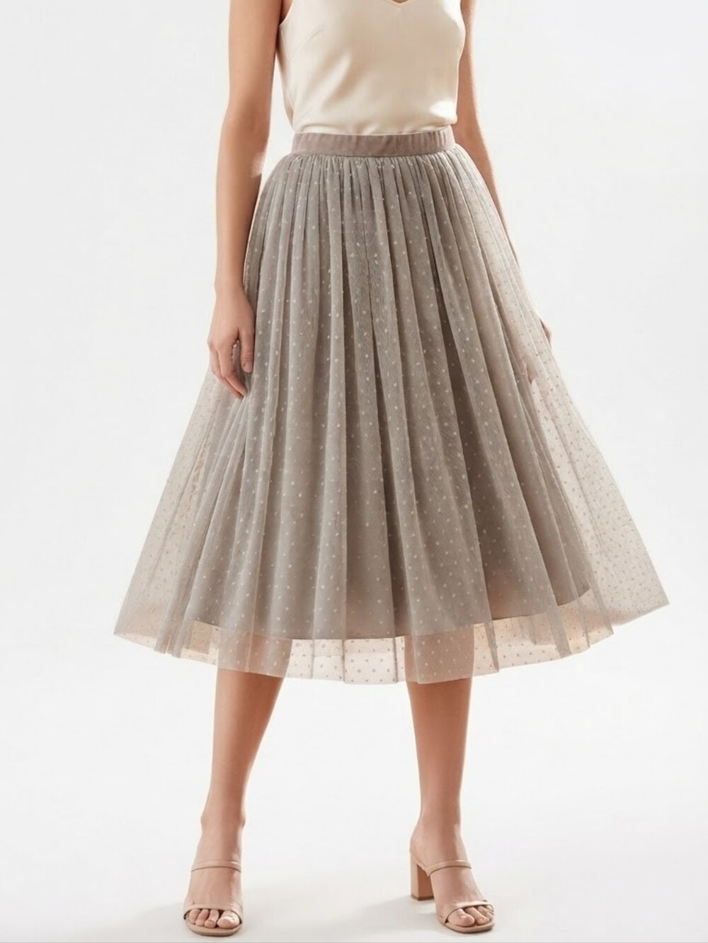 Garnet Hill Swiss Dot Tulle Midi Skirt Taupe Gray L